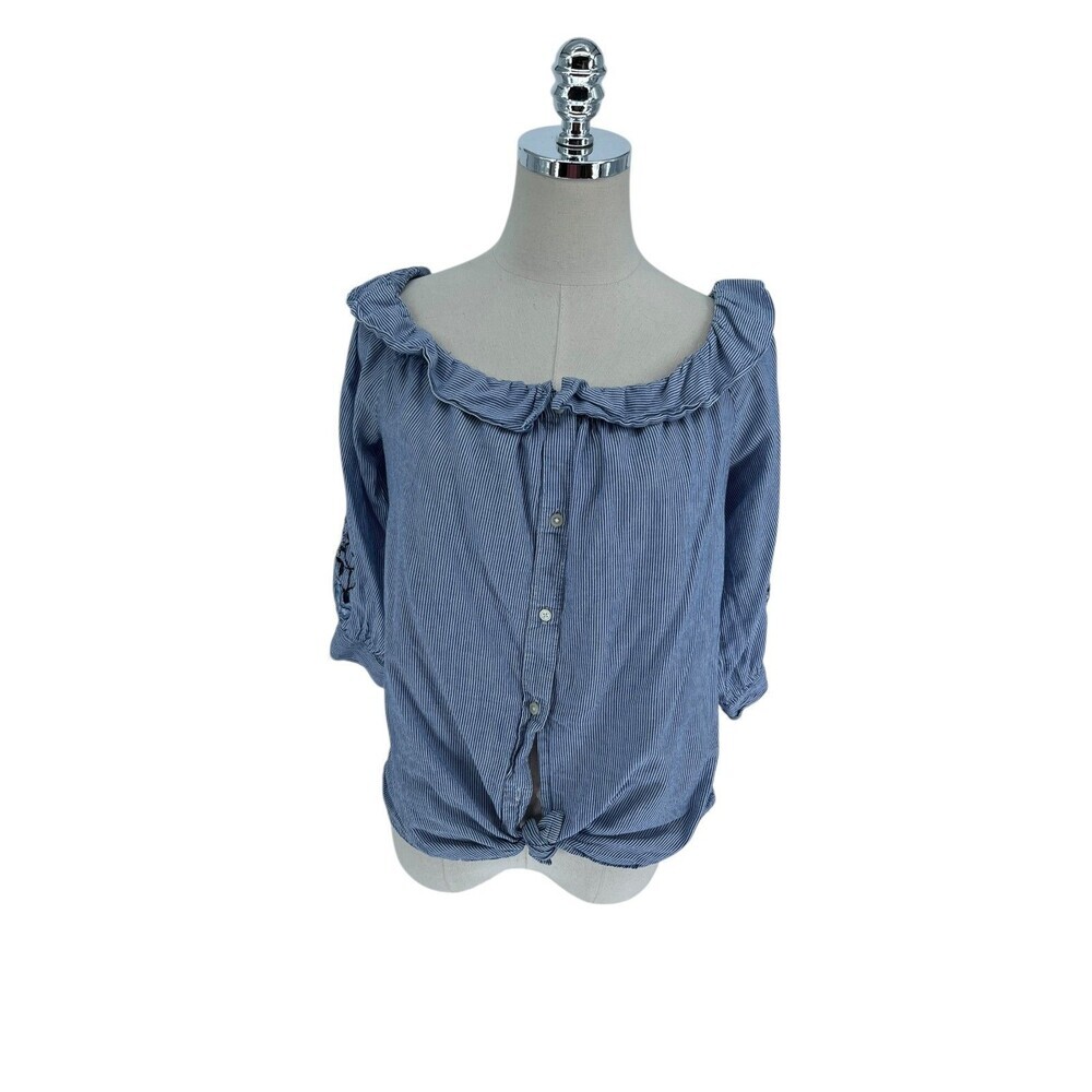 Loft Top Women's Size Medium Blue Stripes Floral Embroidery Button Up